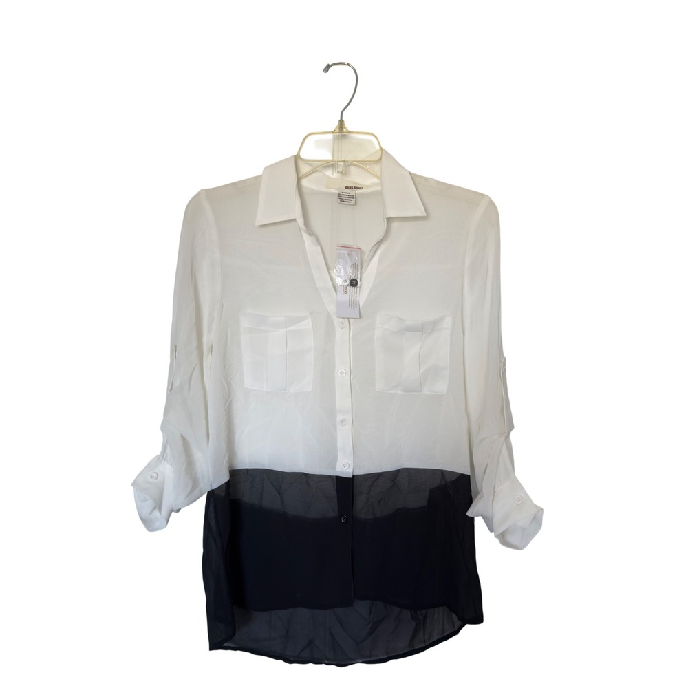 Sans Souci Small Color Block Button Front Black‎ Cream Semi Sheer Blouse NWT